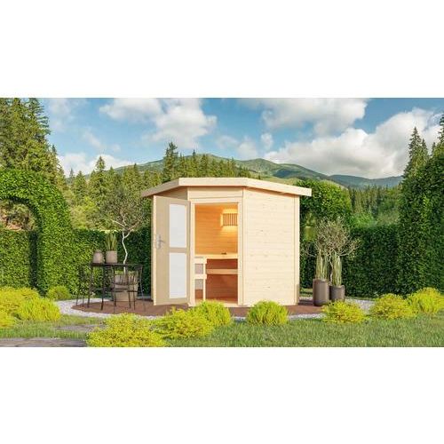 Saunhaus Karibu Rubin 2 ohne Ofen mit Holztüre und Milchglas