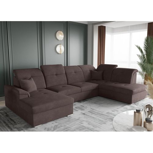 Wohnlandschaft Schlafsofa FREJA Stoff Schokoladenbraun Langer Schenkel Rechts
