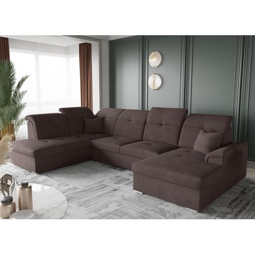 Wohnlandschaft Schlafsofa FREJA Stoff Schokoladenbraun Langer Schenkel Links