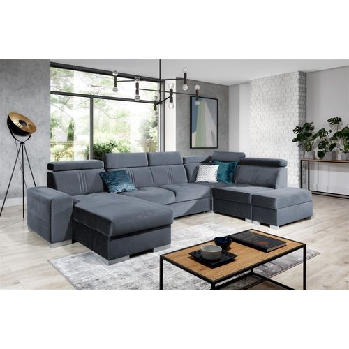 Wohnlandschaft Schlafsofa NOLAN inkl. USB Stoff Monolith Blaugrau Ottomane Links