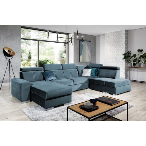 Wohnlandschaft Schlafsofa NOLAN ink USB Stoff Monolith Petrolblau Ottomane Links
