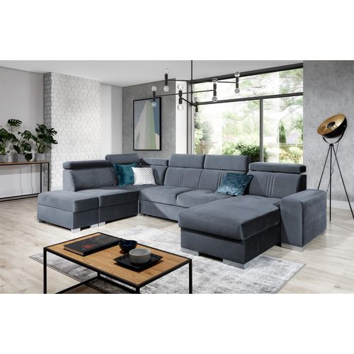 Wohnlandschaft Schlafsofa NOLAN inkl USB Stoff Monolith Blaugrau Ottomane Rechts