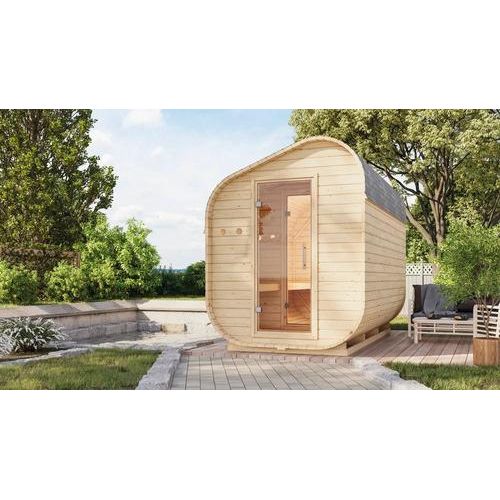 Fasssauna Karibu Rondi asymetrisch 3 inkl. 9 KW Ofen und externer Steuerung mit Vorraum und Ganzglastür aus Klarglas