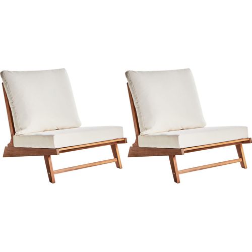 BELIANI Gartensessel 2er Set Hellbraun u. Cremeweiß Akazienholz ohne Armlehnen mit Kissen Niedrig Modernes Design Outdoor Indoor Garten Terrasse