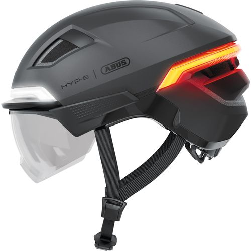 ABUS Fahrradhelm HYP-E ACE - mit Frontlicht, Rücklicht und Blinklicht - mit Visier und Ohrenschützern - geeignet auch für E-Bike und S-Pedelec - für Damen und Herren - Grau, Größe M (54-58 cm)