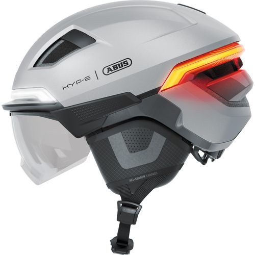 ABUS Fahrradhelm HYP-E ACE - mit Frontlicht, Rücklicht und Blinklicht - mit Visier und Ohrenschützern - geeignet auch für E-Bike und S-Pedelec - für Damen und Herren - ilber, Größe M (54-58 cm)