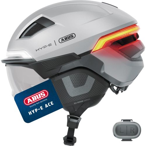 ABUS Fahrradhelm HYP-E ACE - mit Frontlicht, Rücklicht und Blinklicht - mit Visier und Ohrenschützern - geeignet auch für E-Bike und S-Pedelec - für Damen und Herren - Silber, Größe L (57-61 cm)