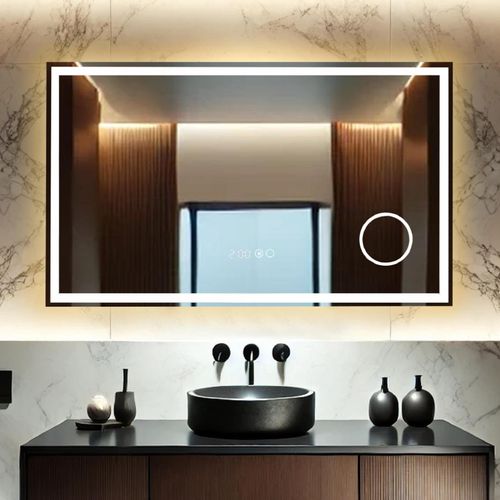 Lumoire® Badspiegel mit beleuchtung– 100 cm Rechteckig – Mit Anti-Beschlag, 3X Lupe & Uhr