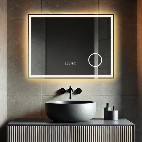 Lumoire® Badspiegel mit beleuchtung – 80 cm Rechteckig – Mit Anti-Beschlag, 3X Lupe & Uhr