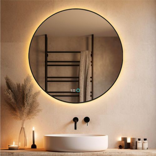 Lumoire® Badspiegel mit beleuchtung – 60 cm Rund – Mit Anti-Beschlag & Digitaluhr – Matt Schwarz