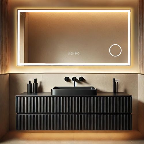 Lumoire® Badspiegel mit beleuchtung– 120 cm Rechteckig – Mit Anti-Beschlag, 3X Lupe & Uhr