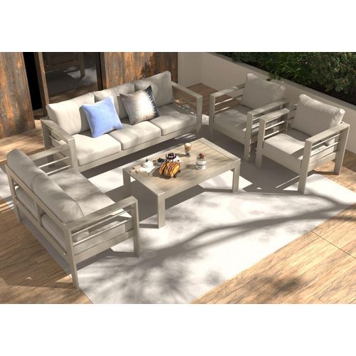 MeXo Gartenmöbelset, Loungeset Aluminium für 6-7 Personen mit Kissen & Couchtisch Indoor Outdoor Balkon Garten Terrasse (Sitzgruppe, Aluminiumrahmen)