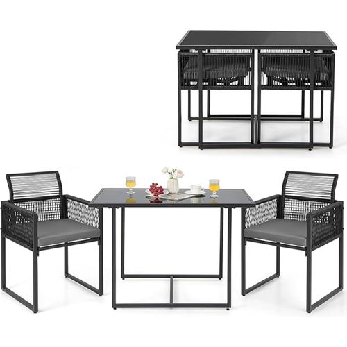 Gartenmöbel Set Rattan 2 Personen, Balkonmöbel Kleiner Balkon platzsparend, Esstisch mit 2 Stühlen zusammenschiebbar, Balkon Möbel klein, Schwarz