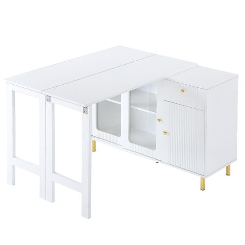 Weißes Buffet Sideboard mit klappbarem Ausziehtisch, Glasschiebetüren, verstellbare Einlegeböden, Esszimmerschrank mit Wellenmuster,