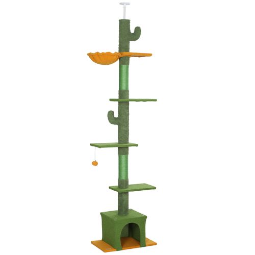 Kratzbaum Deckenhoch, Katzenbaum, 230-275 cm Katzenkratzbaum mit Katzenhöhle, Kratzstämmen, Spielball, Katzenmöbel mit Kippschutz, Grün