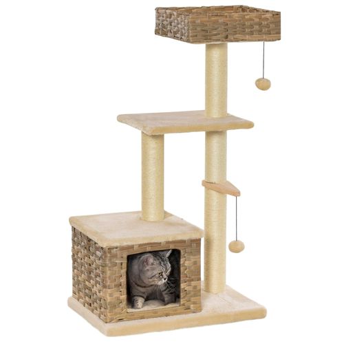 Kratzbaum für Katzen aus Rattan mit Katzenhöhle, 3 Etagen, Ballspielzeug, Sisal & weichem Plüsch, 108 cm, Braun und Beige