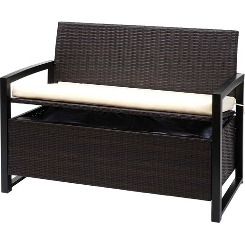 Poly-Rattan 2er Sitzbank HWC-F39, Gartenbank Truhenbank, Staufach Aufbewahrung Sitzkissen braun, Kissen creme