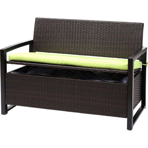 Poly-Rattan 2er Sitzbank MCW-F39, Gartenbank Truhenbank, Staufach Aufbewahrung Sitzkissen braun, Kissen grün