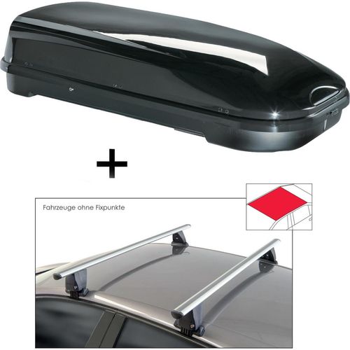 Dachbox VDPFL580 580 Liter schwarz glänzend + Dachträger VDP Delta kompatibel mit für Kia Rio (YB) Hatchback (5 Türer) ab 2017