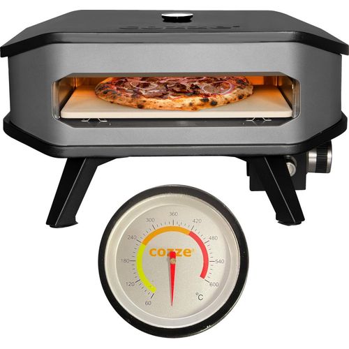 COZZE® 90349 Pizza-Gas-Ofen mit Thermometer Temperaturanzeige Profi bis 400° Grad mit 34x34 cm Pizzastein - tragbarer Pizzaofen Steinofen-Pizza für Terrasse, Balkon Garten Camping