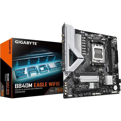 GIGABYTE B840M EAGLE WIFI6 Mainboard – AMD Ryzen 9000 Prozessoren, 5+2+2 Phasen VRM, bis zu 7600 MHz DDR5 (O.C.), 1 x M.2 PCIe 4.0 + 1 x M.2 PCIe 3.0, Wi-Fi 6, 2.5 GbE LAN, USB 3.2 Gen 1, AMD, Sockel AM5, AMD Ryzen 7000 Series, AMD Ryzen 8000 Series, AMD Ryzen 9000 Series, Sockel AM5, DDR5-SDRAM, 128 GB