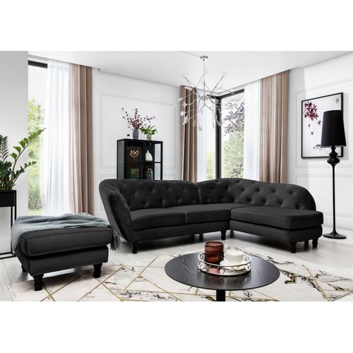 Ecksofa inkl.Hocker CHARLOTTE in Stoff Matt Velvet Schwarz Ottomane Rechts