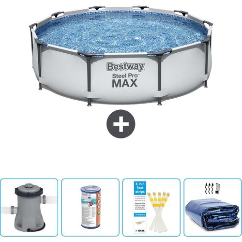 Bestway Round Steel Pro MAX Schwimmbad – 305 x 76 cm – Grau – inklusive Pumpe Filter - Teststreifen - Sonnensegel