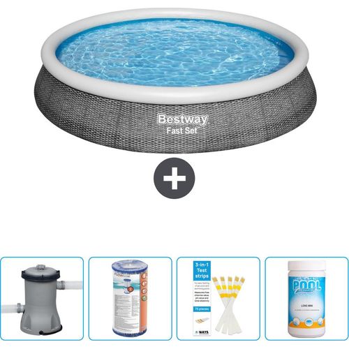 Bestway runder aufblasbarer Fast-Set-Pool – Rattan-Druck – 396 x 84 cm – inklusive Pumpe Filter - Teststreifen - Chlor