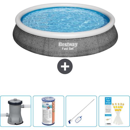 Bestway runder aufblasbarer Fast-Set-Pool – Rattan-Druck – 396 x 84 cm – inklusive Pumpe Filter - Reinigungskit - Teststreifen
