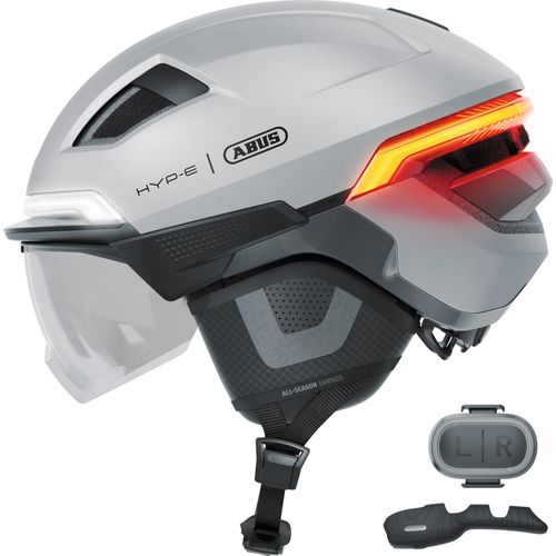 ABUS Fahrradhelm HYP-E B.LACE - mit Front-, Rück- und Blinklicht sowie kabellos zu aktivierendem Bremslicht - mit Visier und Ohrenschützern - für Fahrrad, E-Bike und S-Pedelec - ilber, Größe M (54-58 cm)