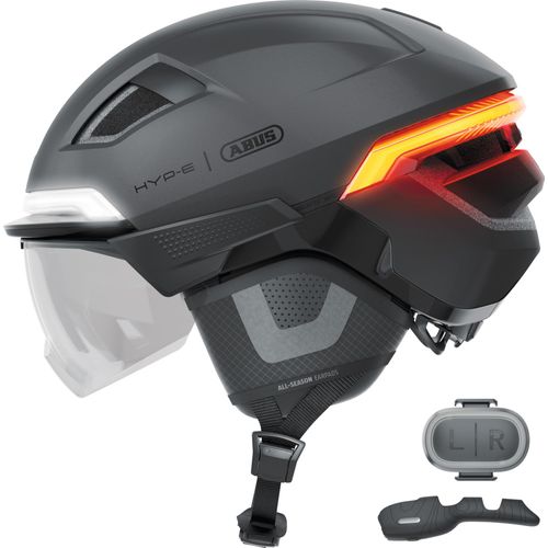 ABUS Fahrradhelm HYP-E B.LACE - mit Front-, Rück- und Blinklicht sowie kabellos zu aktivierendem Bremslicht - mit Visier und Ohrenschützern - für Fahrrad, E-Bike und S-Pedelec - Grau, Größe S (51-55 cm)