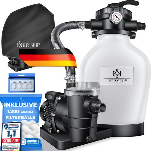 KESSER® Sandfilteranlage mit Pumpe & 1200g Filterbälle, Poolfilter 600W Sandfilter für Pool 13200L/h Durchfluss, 7-Wege Ventil mit Druckmanometer