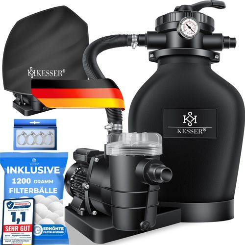 KESSER® Sandfilteranlage mit Pumpe & 1200g Filterbälle, Poolfilter 600W Sandfilter für Pool 13200L/h Durchfluss, 7-Wege Ventil mit Druckmanometer