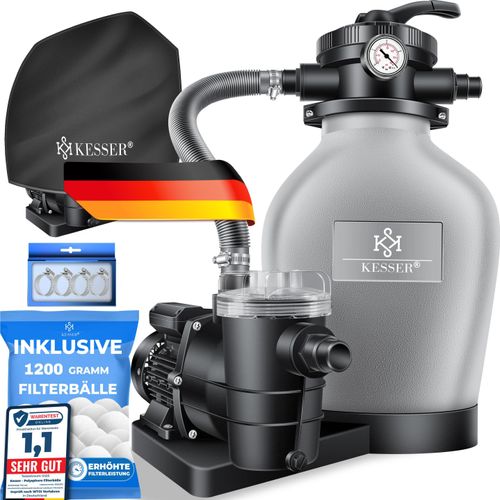 KESSER® Sandfilteranlage mit Pumpe & 1200g Filterbälle, Poolfilter 600W Sandfilter für Pool 13200L/h Durchfluss, 7-Wege Ventil mit Druckmanometer