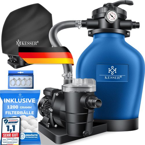 KESSER® Sandfilteranlage mit Pumpe & 1200g Filterbälle, Poolfilter 600W Sandfilter für Pool 13200L/h Durchfluss, 7-Wege Ventil mit Druckmanometer