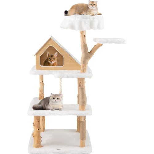 GOPLUS Katzenbaum, 150 cm hoher Katzenbaum mit Kratzsäulen & Sisal-Seil, Katzenhohle, Pearholzsäulen, weichem langem Plüsch, Natur + Weiß