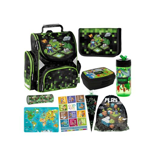 Schulranzen für Jungen und Mädchen, 9er-Set - Schul-Rucksack für Kinder mit Federmäppchen - Trinkflasche und Brotdose - Game Motiv