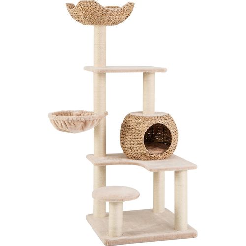 GOPLUS 150cm Katzenbaum, Kratzbaum mit Katzenhöhle, Plüsch-Sitzplatz, weichem Hängematte, Plattformen und Sisal-Kratzpfosten, Beige+Natur