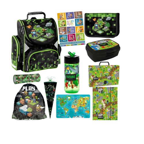 Schulranzen für Jungen und Mädchen, 11er-Set - Schul-Rucksack für Kinder mit Federmäppchen - Schuhbeutel - Trinkflasche und Brotdose -Game Motiv