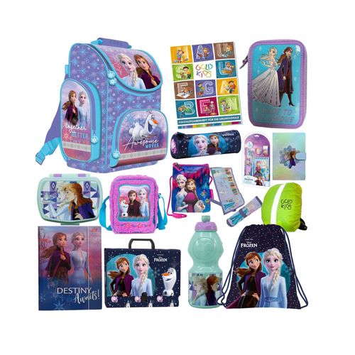 Goldkids - Schulranzen für Jungen und Mädchen, 15er-Set - Schul-Rucksack für Kinder mit Federmäppchen - Schuhbeutel Trinkflasche und Brotdose - Frozen
