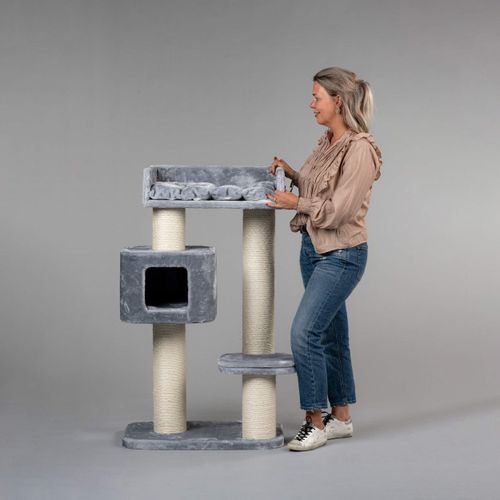 RHRQuality Kratzbaum für große Katzen – Devon Rex – 120 cm hoch – mit 15 cm Sisalstämmen & Spielhaus – hellgrau