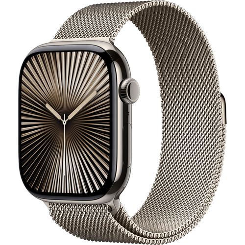 Apple Watch Series 10 (GPS + Cellular 46 mm) Smartwatch mit Titangehäuse in Natur und Milanaise Armband in Natur (S/M). Fitnesstracker, EKG App, Always-On Retina Display, Wasserschutz