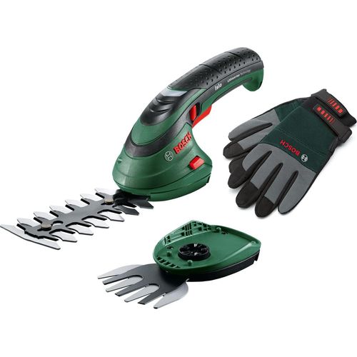 Bosch Akku Grasscheren Set Isio (3,6 Volt, Messerlänge 12 cm, Messerabstand 8 mm, mit XL-Gartenhandschuhen inklusive) – Amazon Edition