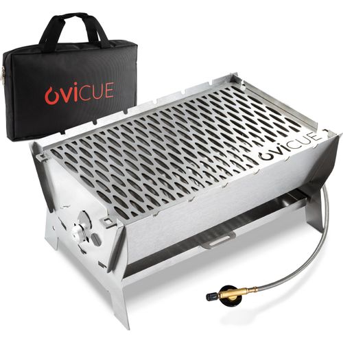 ovicue Grill groß L | Mobiler Steck-Gasgrill – Tragbarer Edelstahlgrill mit Stecksystem – Gas- & Holzkohlebetrieb – Inkl. Tragetasche – Perfekt für Camping, Balkon, Garten & Outdoor