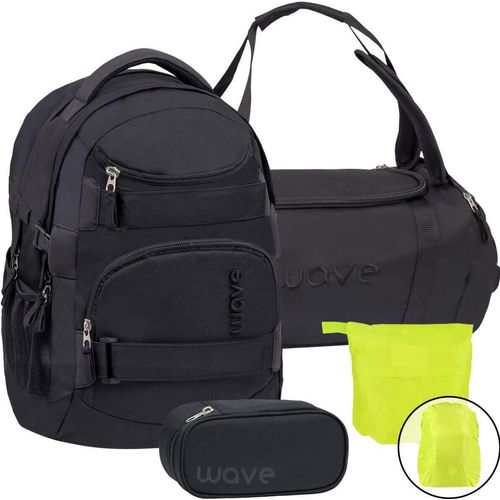 Wave Schulrucksack Set Mädchen Jungen 4tlg POSH BLACK mit Sporttasche Schlamper Regenschutz ab 5. Klasse