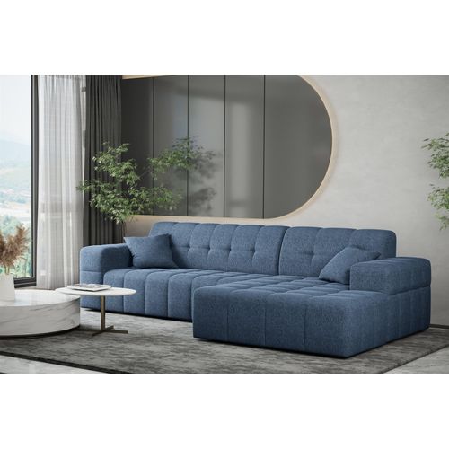 Ecksofa Designersofa NANCY in Stoff Neve Blau Ottomane Rechts