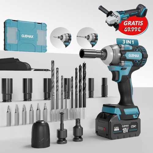 GJEMAX Schlagschrauber 18V, 520 Nm – inkl. 6,0 Ah Akku, Schnellladegerät, Bohrfutter, Bitset, 6x Steckschlüssel, 6x Bohrer & GRATIS Winkelschleifer