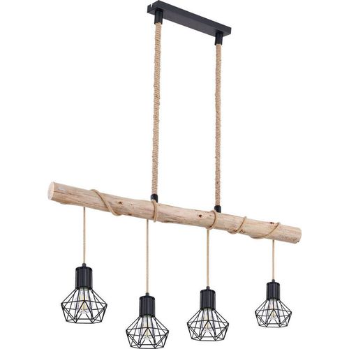 LED Hängelampe, Käfig, Holzbalken natur, Hanfseil, H 120 cm