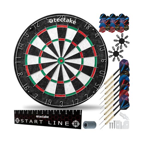 tectake® Dartscheibe, aus robustem Sisal mit ultradünnem Draht, extra breiter Fangring, Zubehör aus Anspitzer, 16 Flight-Schützern und Startlinie