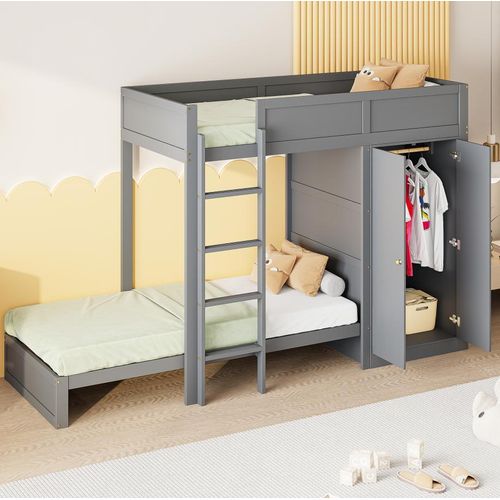 Etagenbett 90*200cm, mit vertikaler Sicherheitstreppe, Kleiderschrank, hohes Zaundesign, Lattenrost, Kinderbett, Etagenbett, grau